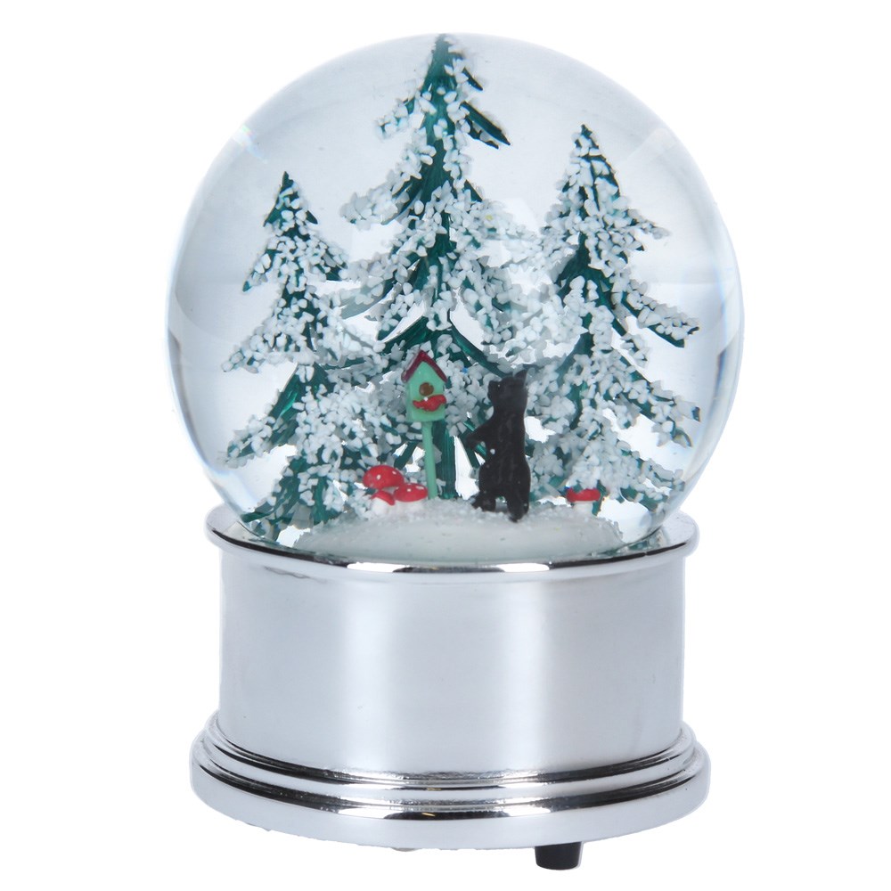 Large Snow Globe 13cm Cat In Woods Silver