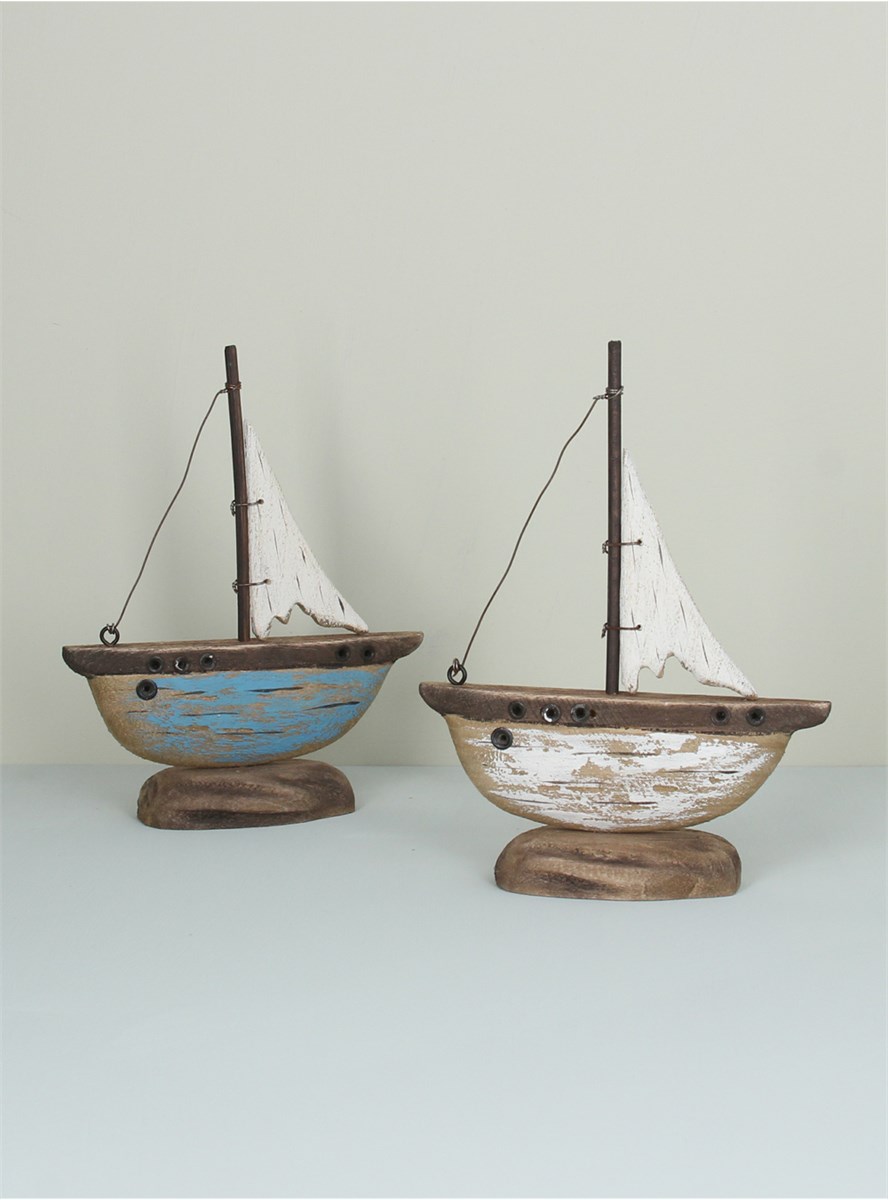 Wood Ornament - Small Rustic White Sail Boat